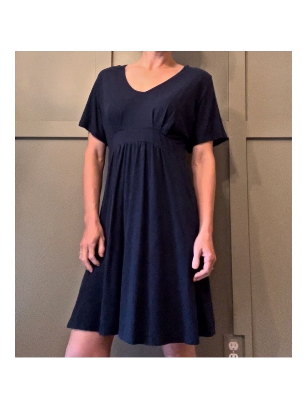 Garnet Hill Easy Banded Knit Dress Linen Modal Navy Blue Size Small